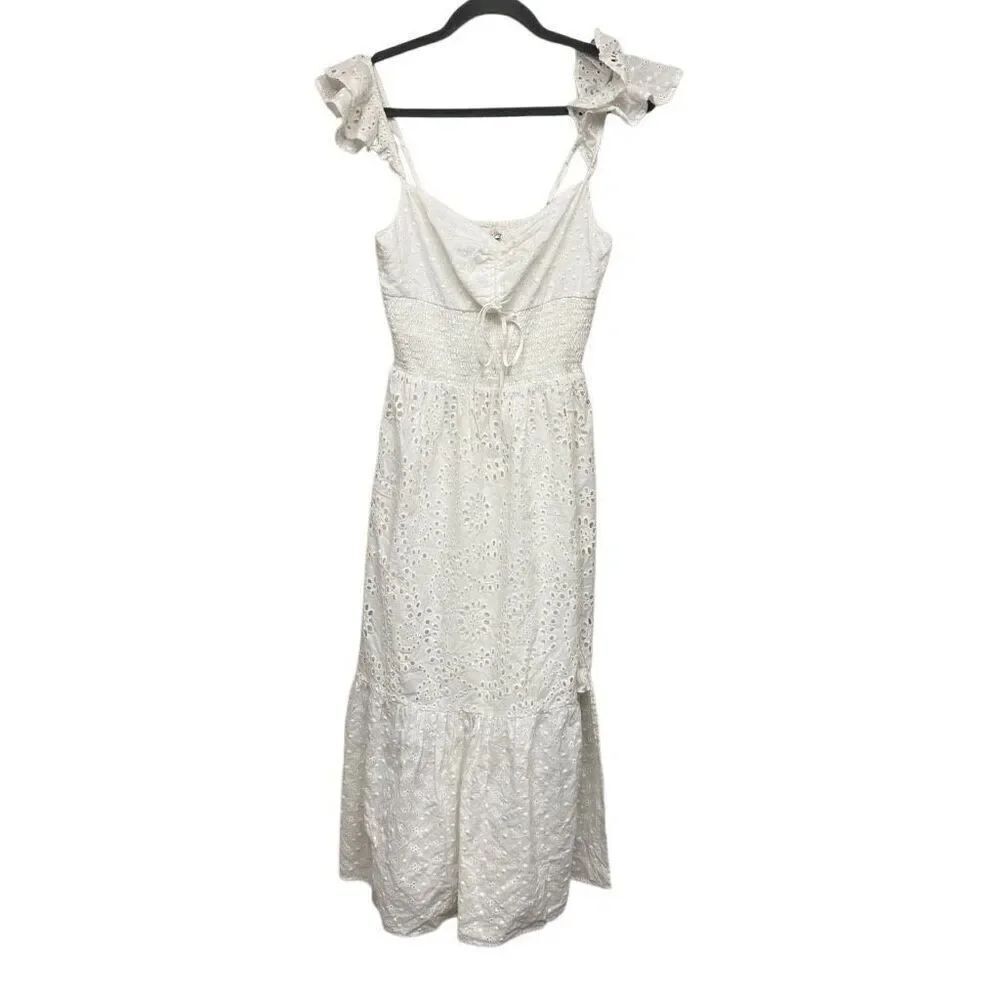 Rays for days Clarissa dress  white smocked eyelet open slit midi dress size med